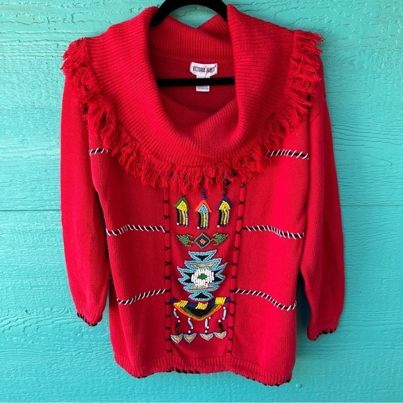 Vintage 80s Victoria Jones BEADED Aztec Fringe Cowlneck Sweater Red SIZE MEDIUM - Picture 3 of 8